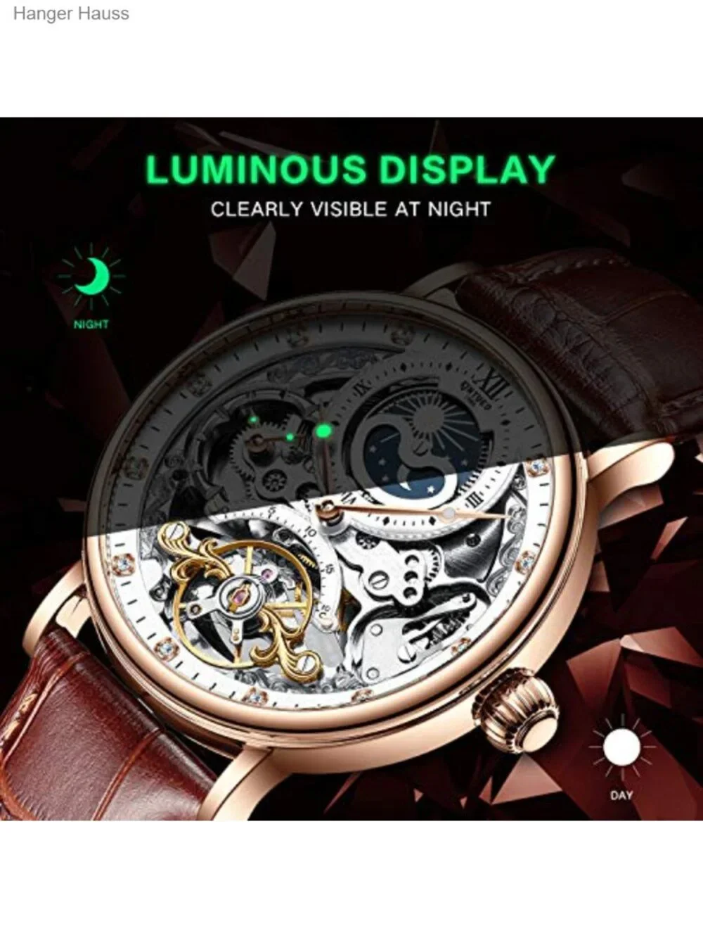 Men's Luxury Skeleton Automatic Mechanical Watch Leather Strap Moon Phase
